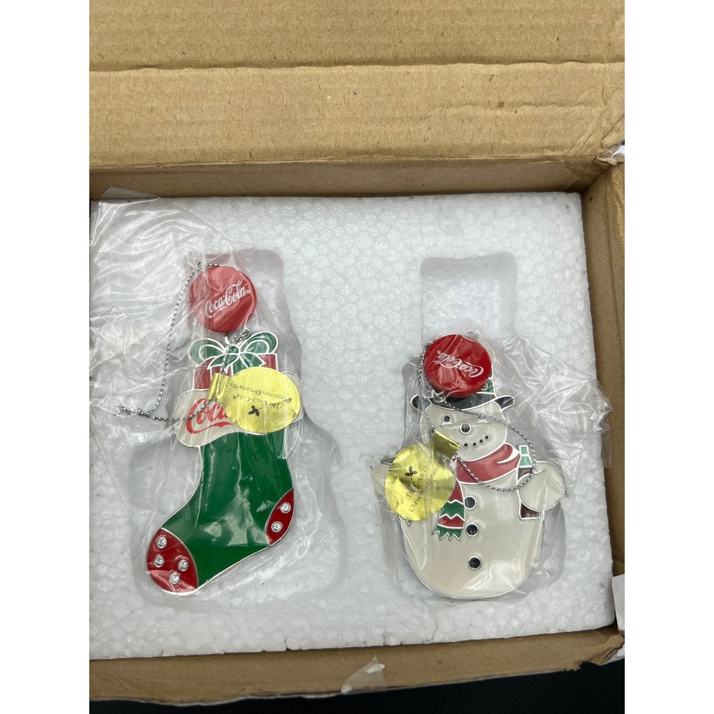 Coca-Cola Christmas Ornament Set Stocking and Snowman Enameled Rhinestone 2pc